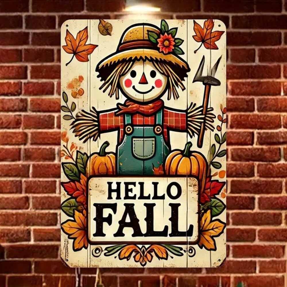 "Hello Fall" Vintage Scarecrow Aluminum Wall Sign. Approx. 12X8. New in Package.